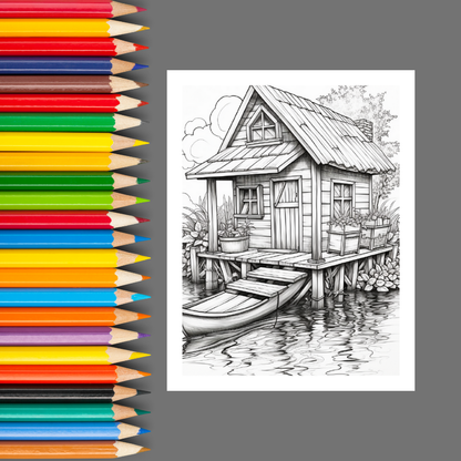 Boathouses & Docks: A Relaxing Adult Coloring Book of Scenic Waterfront Homes